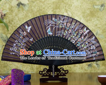 Traditional Chinese Handmade Crafts Bamboo Rib Folding Fan, China Classical Printing Butterfly Flowers Sensu Deep Purple Silk Fan Hanfu Fans for Women