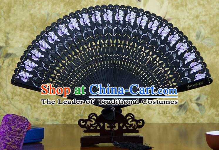 Traditional Chinese Handmade Crafts Bamboo Carving Folding Fan, China Classical Printing Flowers Sensu Hollow Out Wood Black Fan Hanfu Fans for Women