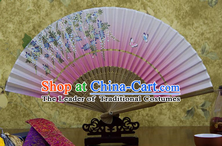 Traditional Chinese Handmade Crafts Hand Painting Butterfly Flowers Folding Fan, China Classical Pink Sensu Silk Fan Hanfu Fans for Women