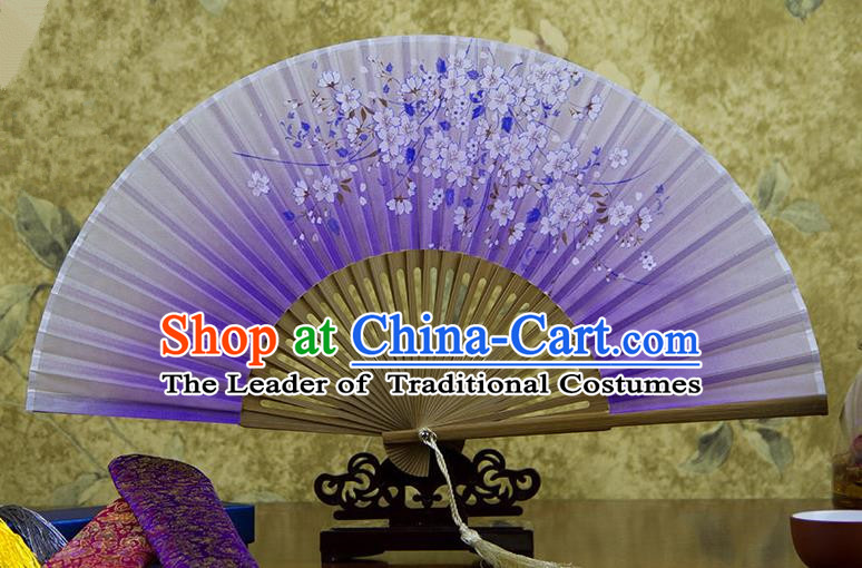 Traditional Chinese Handmade Crafts Hand Painting Flowers Folding Fan, China Classical Oriental Cherry Sensu Purple Silk Fan Hanfu Fans for Women