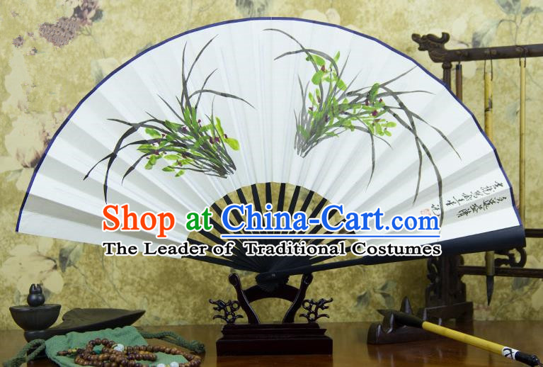 Traditional Chinese Handmade Crafts Ebonize Folding Fan, China Classical Art Paper Sensu Ink Painting Orchid Xuan Paper Purple Fan Hanfu Fans for Men