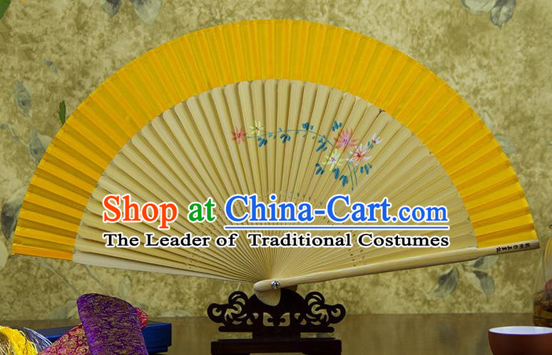 Traditional Chinese Handmade Crafts Hand Painting Flowers Folding Fan, China Classical Yellow Sensu Silk Fan Hanfu Fans for Women