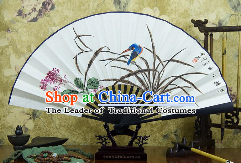 Traditional Chinese Handmade Crafts Ebonize Folding Fan, China Classical Art Paper Sensu Ink Painting Bird Orchid Xuan Paper Purple Fan Hanfu Fans for Men