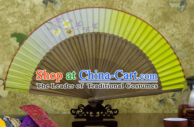 Traditional Chinese Handmade Crafts Hand Painting Flowers Folding Fan, China Classical Light Yellow Sensu Silk Fan Hanfu Fans for Women