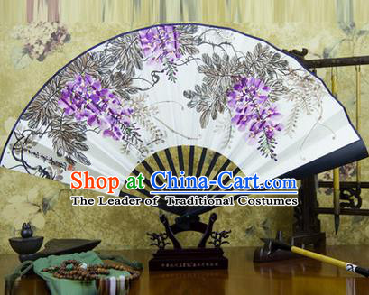 Traditional Chinese Handmade Crafts Ebonize Folding Fan, China Classical Art Paper Sensu Ink Painting Wisteria Xuan Paper Fan Hanfu Fans for Men