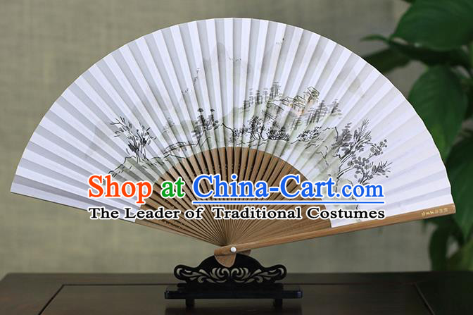 Traditional Chinese Handmade Crafts Ink Painting Mountains Scenery Folding Fan, China Classical Art Paper Sensu Xuan Paper Fan Hanfu Fans for Men