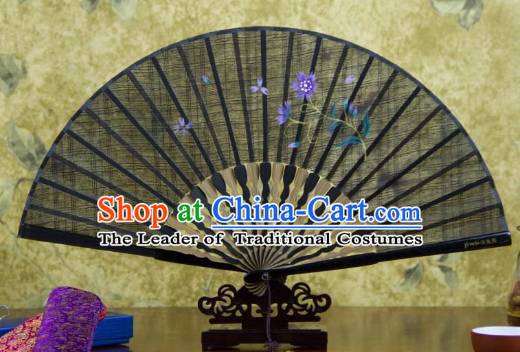 Traditional Chinese Handmade Crafts Printing Flower Folding Fan, China Classical Linen Sensu Black Fan Hanfu Fans for Women