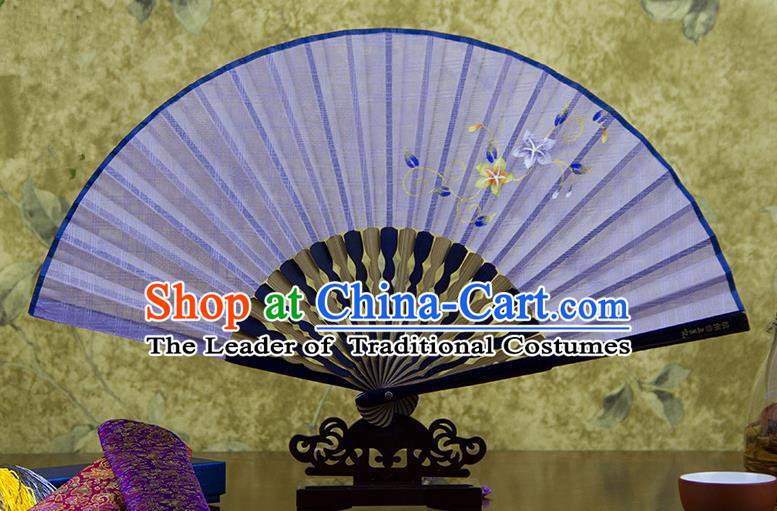 Traditional Chinese Handmade Crafts Printing Flower Folding Fan, China Classical Linen Sensu Light Purple Fan Hanfu Fans for Women