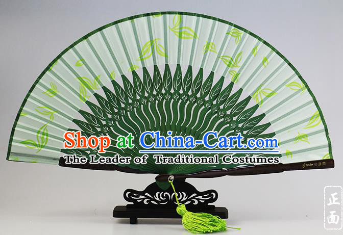 Traditional Chinese Handmade Crafts Tea Perfume Folding Fan, China Classical Sensu Green Silk Fan Hanfu Fans for Women