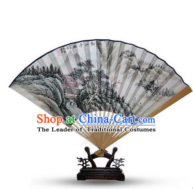 Traditional Chinese Handmade Crafts Water Jade Bone Folding Fan, China Classical Art Paper Hand Painting Landscape Scenery Sensu Xuan Paper Fan Hanfu Fans for Men