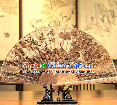 Traditional Chinese Handmade Crafts India Sandalwood Folding Fan Collectibles, China Classical Hollow out Sensu Cranes Fan Hanfu Fans for Men