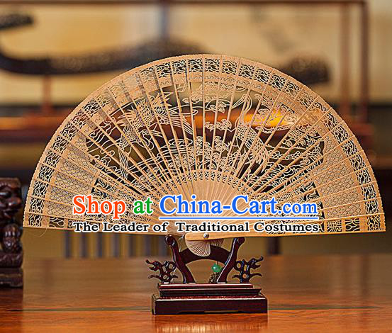 Traditional Chinese Handmade Crafts India Sandalwood Folding Fan Collectibles, China Classical Hollow out Sensu Cranes Fan Hanfu Fans for Women