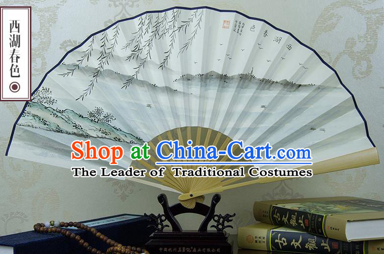 Traditional Chinese Handmade Crafts Xuan Paper Folding Fan, China Classical Art Paper Sensu Ink Painting West Lake Spring Scenery Fan Hanfu Fans for Men