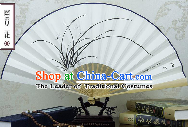 Traditional Chinese Handmade Crafts Xuan Paper Folding Fan, China Classical Art Paper Sensu Ink Painting Orchid Fan Hanfu Fans for Men