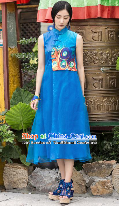 Traditional Chinese Costume Elegant Hanfu Printing Dress, China Tang Suit Plated Buttons Cheongsam Blue Qipao Dress Clothing for Women