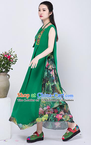 Traditional Chinese Costume Elegant Hanfu Printing Lotus Linen Dress, China Tang Suit Cheongsam Green Qipao Dress Clothing for Women