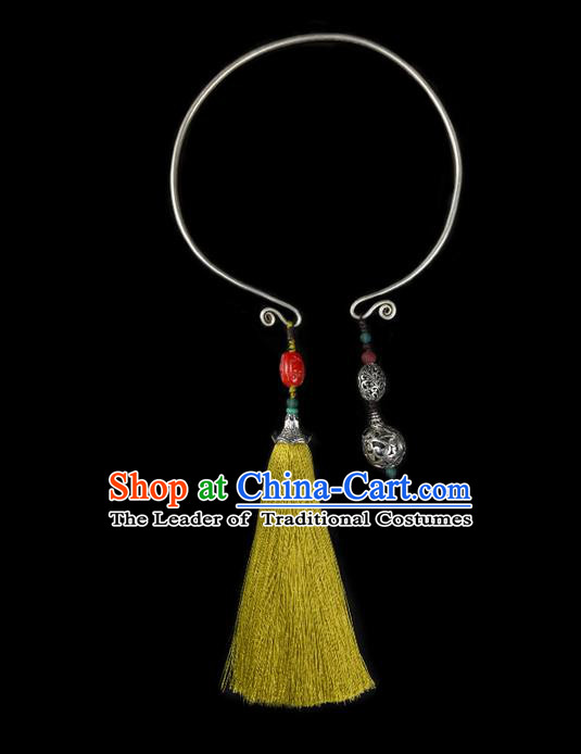 Traditional Chinese Accessories National Necklace, China Miao Sliver Tassel Colored Glaze Necklet for Women