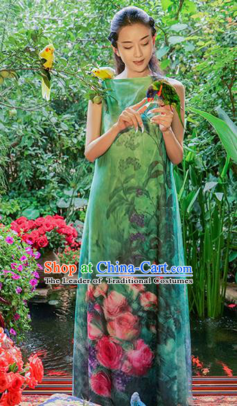 Traditional Chinese Costume Elegant Hanfu 3D Painting Flowers Green Dress, China Tang Suit Cheongsam Upper Outer Garment Qipao Dress Clothing for Women