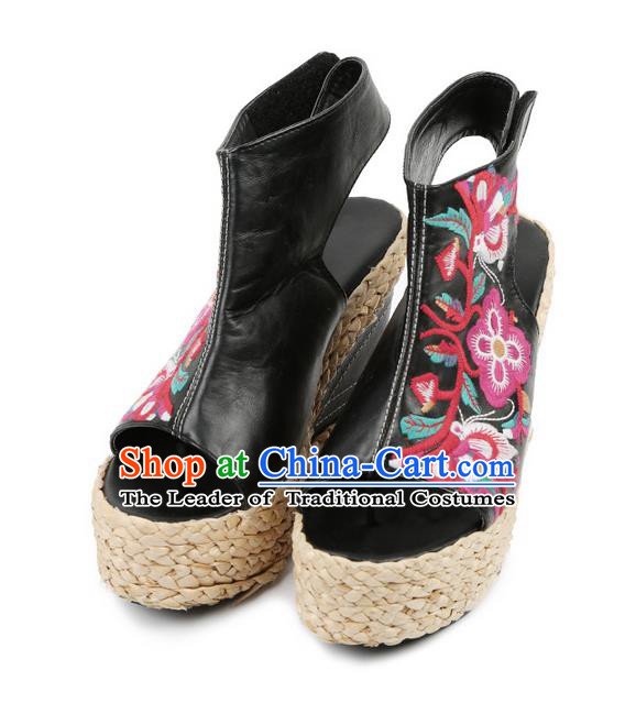 Traditional Chinese Shoes Wedding Shoes Embroidered Shoes Black Slipsole Shoes Hanfu Sheepskin Shoes for Women