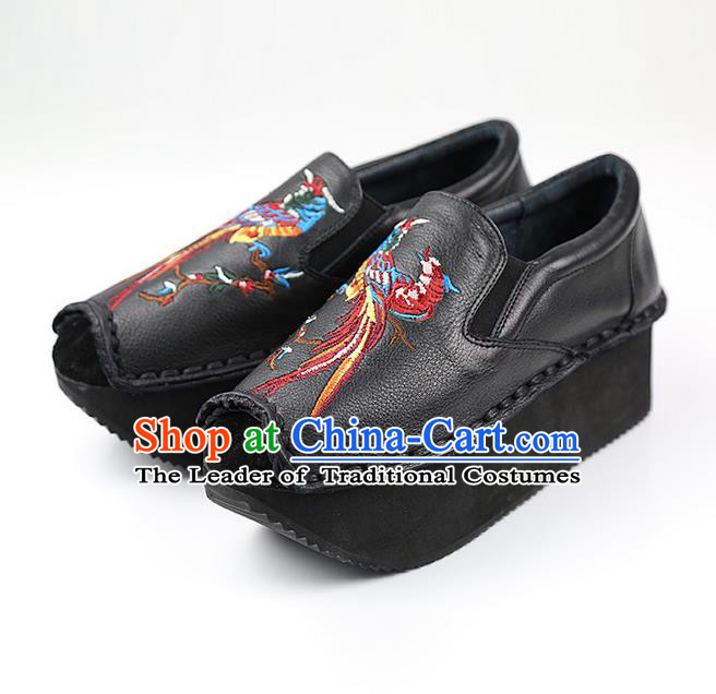 Traditional Chinese Shoes Embroidered Shoes Black Cow Leather Slipsole Shoes Hanfu Black Shoes for Women