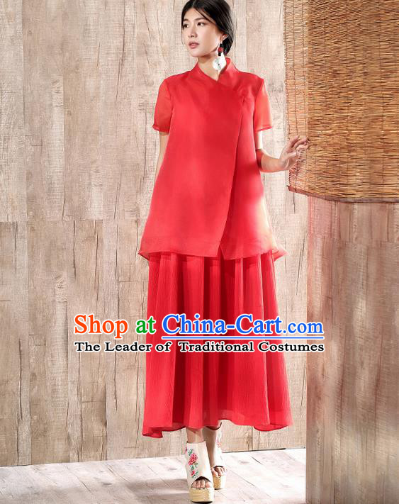 Traditional Chinese Costume Elegant Hanfu Silk Blouse and Dress, China Tang Suit Cheongsam Red Qipao Dress Clothing for Women