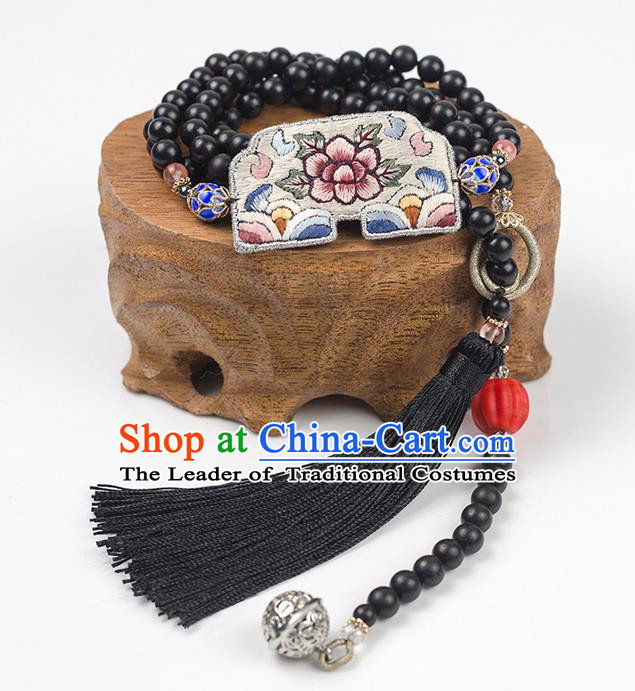 Traditional Chinese Accessories National Tibetan Silver Necklace, China Black Beads Tassel Necklet for Women