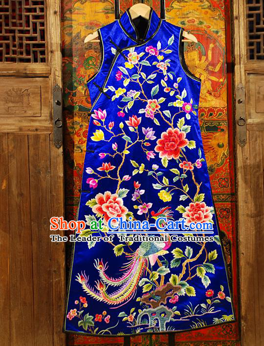 Traditional Chinese Costume Elegant Hanfu Embroidery Peony Phoenix Dress, China Tang Suit Plated Buttons Blue Cheongsam Silk Qipao Dress Clothing for Women