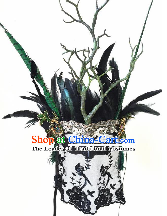 Top Grade Halloween Masquerade Accessories Ceremonial Occasions Handmade Model Show Mask Feather Headwear, Brazilian Carnival Veil Mask for Men