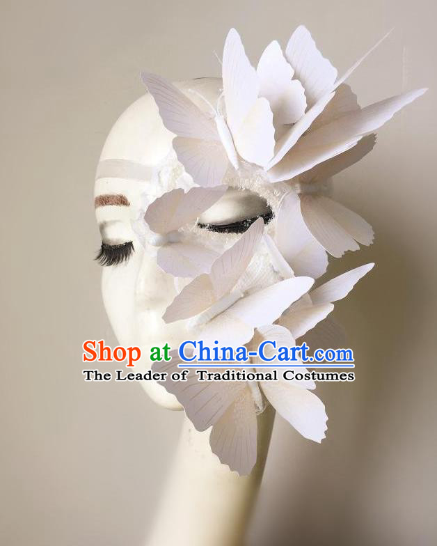 Top Grade Halloween Masquerade Ceremonial Occasions Handmade Model Show White Butterfly Mask Headwear, Brazilian Carnival Half Mask for Women