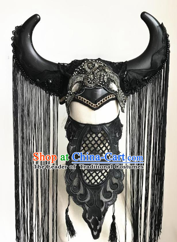 Top Grade Halloween Masquerade Ceremonial Occasions Handmade Model Show Black Ox Horn Hair Accessories Headdress Tassel Pirate Hat for Women