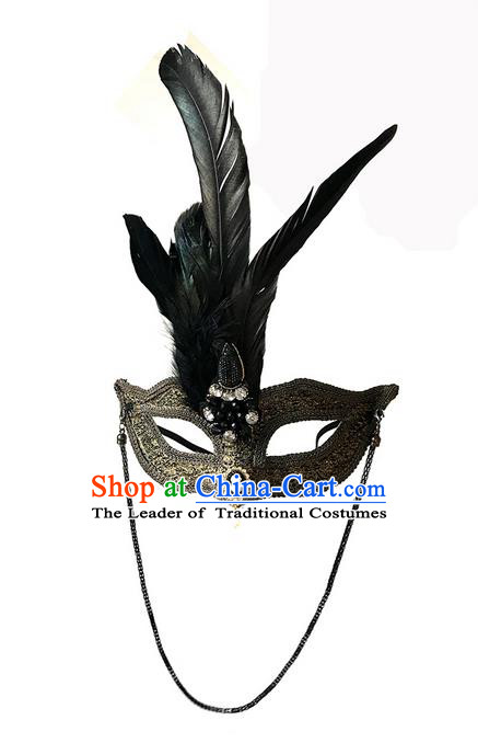 Top Grade Chinese Theatrical Luxury Headdress Ornamental Feather Mask, Halloween Fancy Ball Ceremonial Occasions Handmade Golden Lace Face Mask for Men