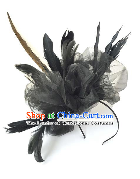 Top Grade Chinese Theatrical Luxury Headdress Ornamental Black Feather Hair Clasp, Halloween Fancy Ball Ceremonial Occasions Handmade Headwear for Women