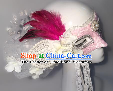 Top Grade Chinese Theatrical Luxury Headdress Ornamental Feather Mask, Halloween Fancy Ball Ceremonial Occasions Handmade Lace Face Mask for Women