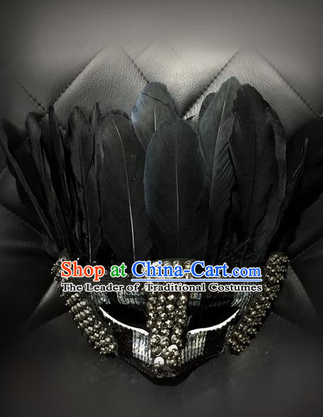 Top Grade Chinese Theatrical Luxury Headdress Ornamental Feather Mask, Halloween Fancy Ball Ceremonial Occasions Handmade Jazz Dance Face Mask for Men