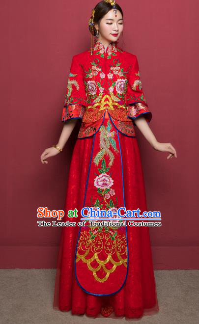 Traditional Ancient Chinese Wedding Costume Handmade XiuHe Suits Embroidery Peony Dress Bride Toast Red Veil Cheongsam, Chinese Style Hanfu Wedding Clothing for Women