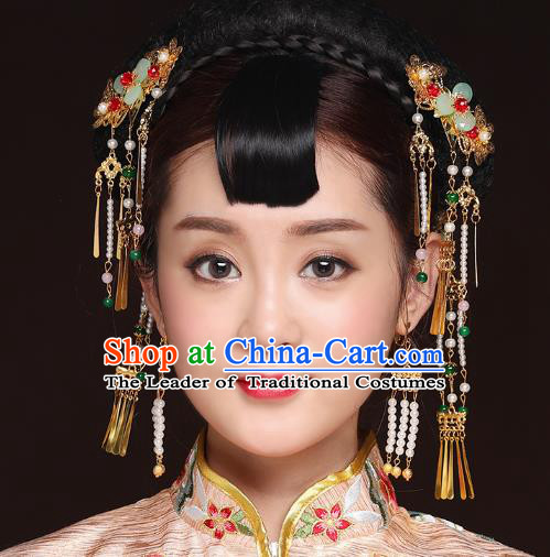 Traditional Handmade Chinese Ancient Classical Hair Accessories Bride Wedding Barrettes Tassel Phoenix Coronet, Xiuhe Suit Hair Jewellery Hair Fascinators Hairpins for Women