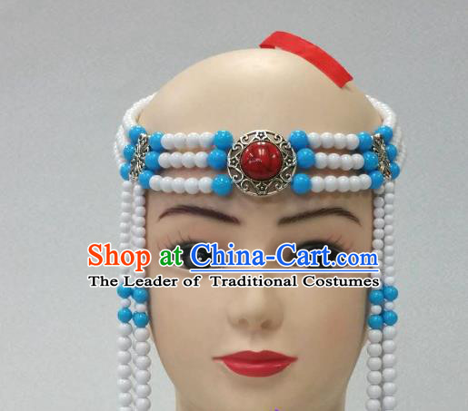 Traditional Handmade Chinese Mongol Nationality Handmade White Beads Tassel Hair Accessories, China Mongols Mongolian Minority Nationality Wedding Headwear for Women