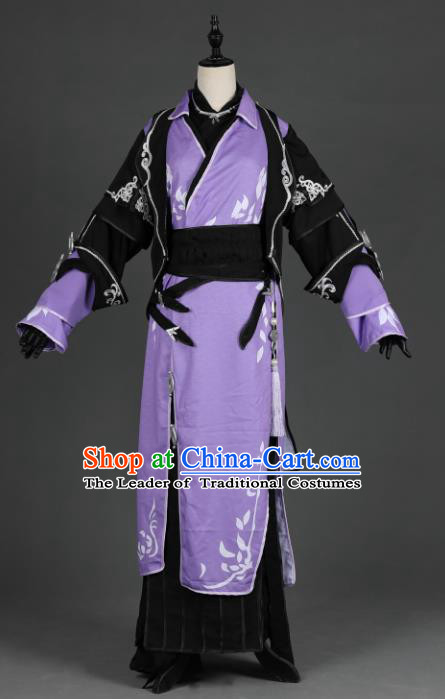 Chinese Ancient Cosplay Han Dynasty Prince Costumes, Chinese Traditional Embroidery Purple Hanfu Dress Clothing Chinese Swordsman Costume for Men