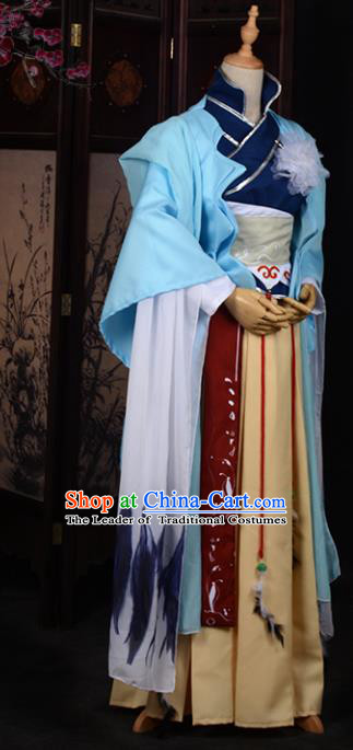 Chinese Ancient Cosplay Tang Dynasty Princess Embroidery Blue Young Lady Dress, Chinese Traditional Hanfu Clothing Chinese Fairy Costume for Women