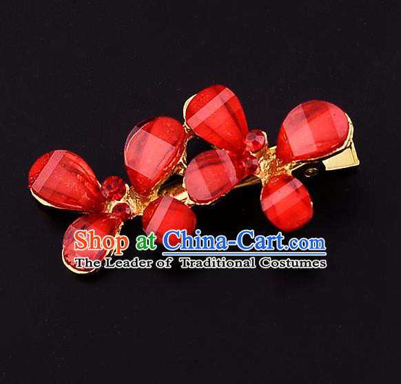 Traditional Handmade Chinese Ancient Classical Wedding Hair Accessories Bride Red Flowers Hair Stick, China Princess Hairpins Headwear for Women