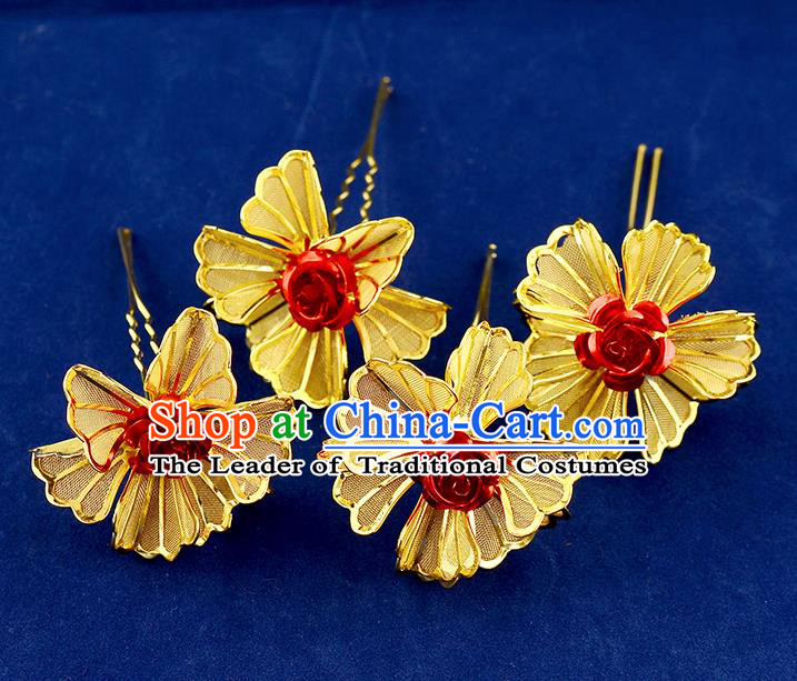 Traditional Handmade Chinese Ancient Classical Hair Accessories Xiuhe Suit Red Rose Golden Flower Hairpin Hair Comb, Hair Sticks Hair Jewellery Hair Fascinators for Women