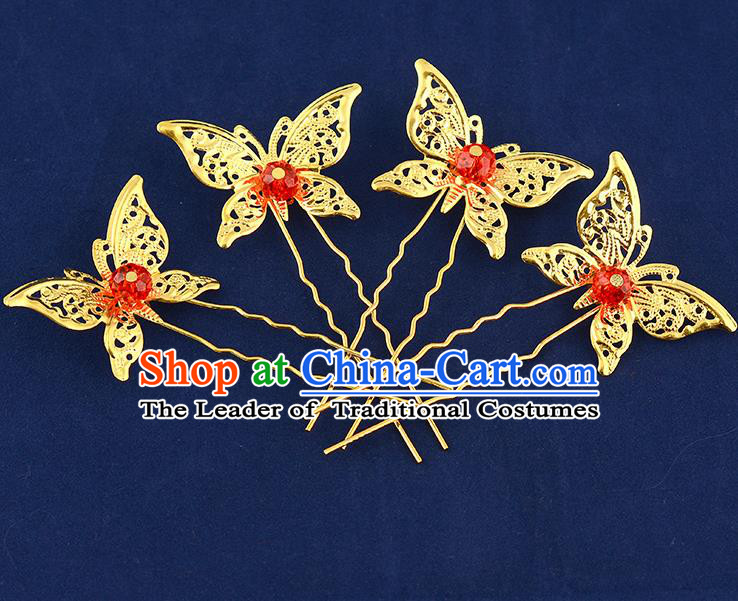 Traditional Handmade Chinese Ancient Classical Hair Accessories Xiuhe Suit Red Beads Butterfly Hairpin Hair Comb, Hair Sticks Hair Jewellery Hair Fascinators for Women