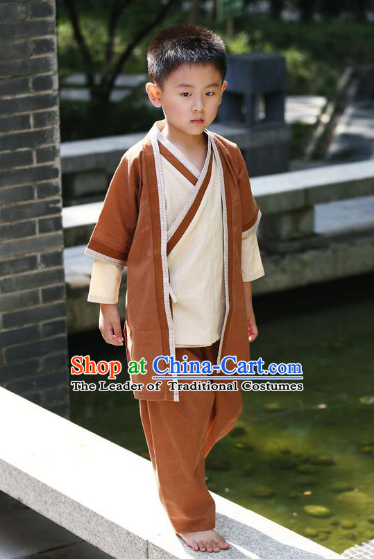 Traditional Chinese Han Dynasty Children Hanfu Martial Arts Costume, China Ancient Scholar Brown Clothing for Kids