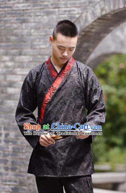 Traditional Chinese Han Dynasty Nobility Childe Hanfu Costume Slant Opening Black Shirt, China Ancient Martial Arts Upper Garment Clothing for Men