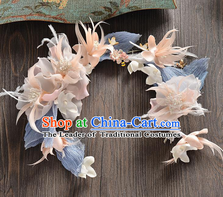 Top Grade Handmade Chinese Classical Hair Accessories Baroque Style Pink Flowers Feather Garland, Bride Hair Sticks Hair Clasp for Women