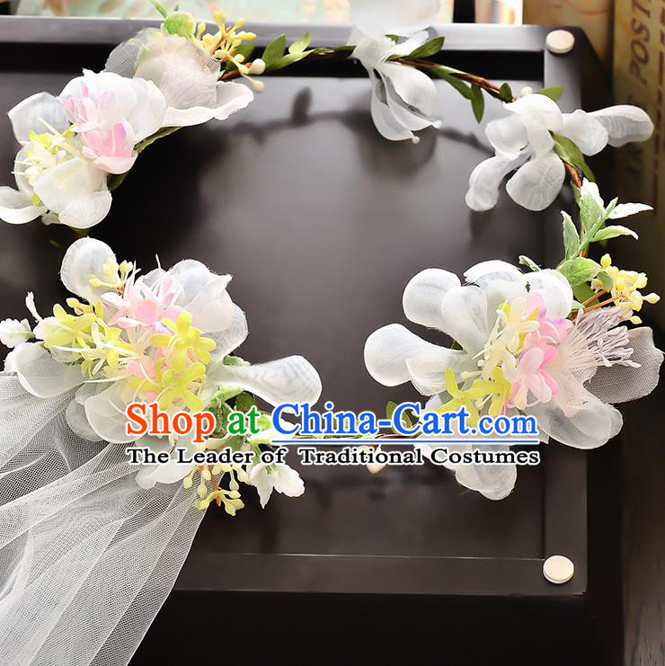 Top Grade Handmade Chinese Classical Hair Accessories Baroque Style Wedding White Flowers Headband and Veil, Bride Hair Sticks Hair Clasp for Women