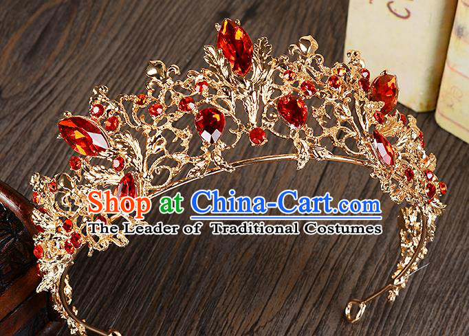 Top Grade Handmade Chinese Classical Hair Accessories Baroque Style Red Crystal Princess Royal Crown, Hair Sticks Hair Jewellery Hair Coronet for Women