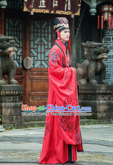 Traditional Chinese Han Dynasty Prince Hanfu Wedding Costume, China Ancient Red Palace Embroidery Clothing for Men