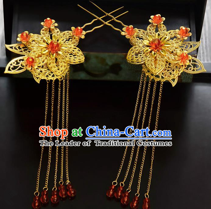 Traditional Handmade Chinese Ancient Classical Hair Accessories Barrettes Hanfu Hairpin Golden Tassel Step Shake, Bride Hair Fascinators Hairpins for Women