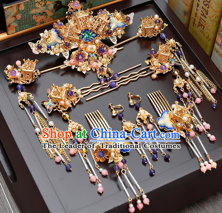 Traditional Handmade Chinese Ancient Classical Hair Accessories Xiuhe Suit Cloisonn Tassel Hairpin Step Shake Phoenix Coronet Complete Set, Hair Sticks Hair Jewellery Hair Fascinators for Women